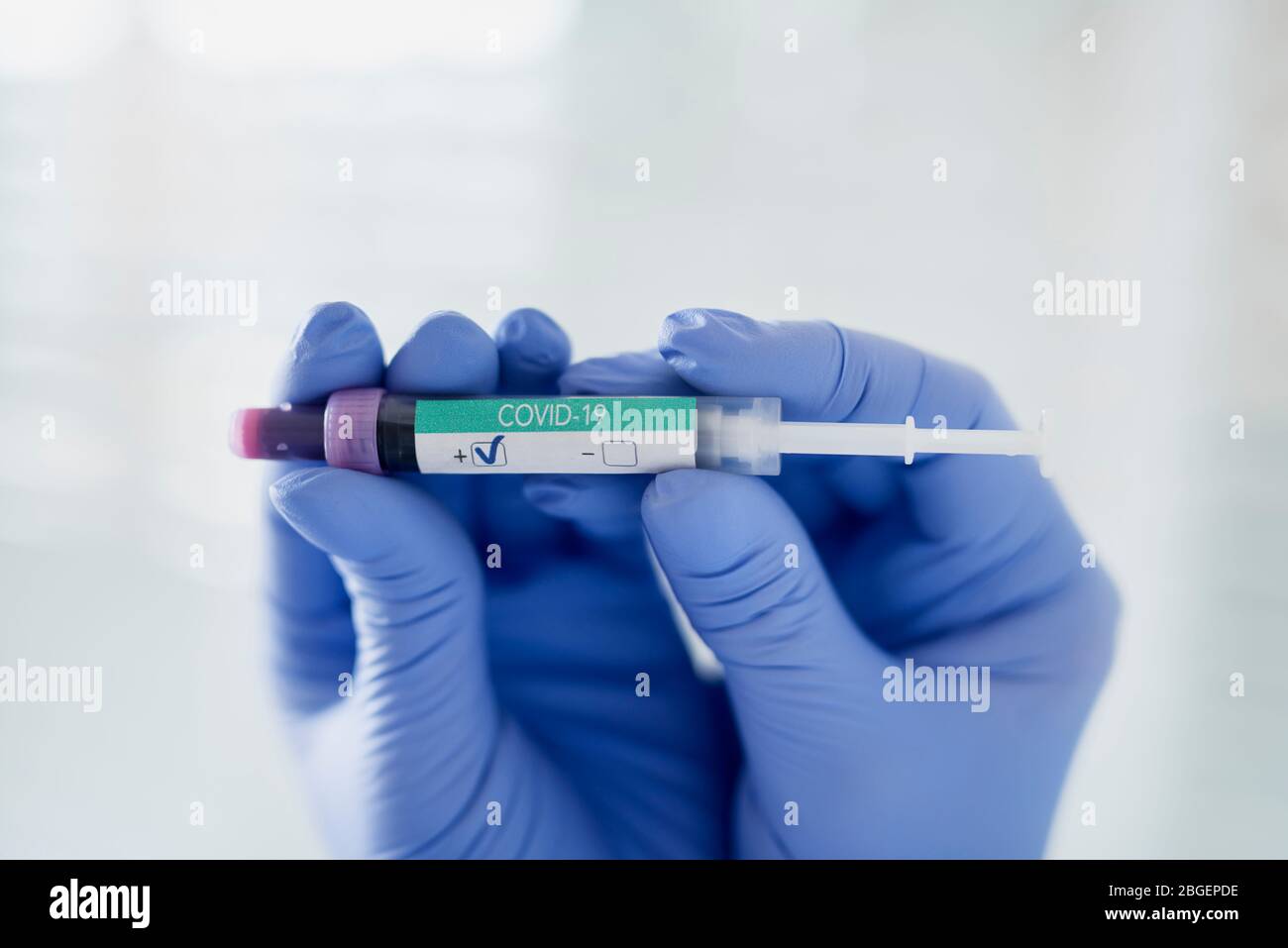 Beide Hände halten ein Coronavirus-Testergebnis Stockfoto