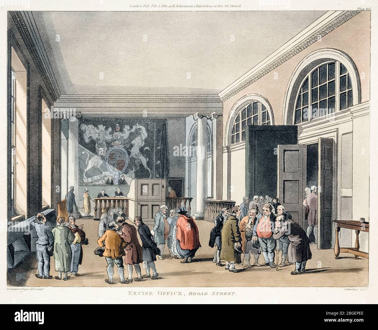 Thomas Rowlandson & Augustus Charles Pugin, Excise Office, Broad Street, Radierung, 1810 Stockfoto