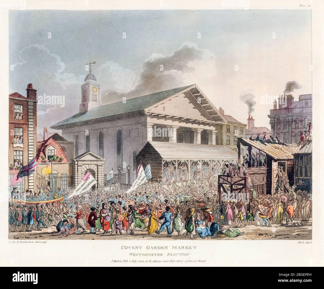 Covent Garden Market: Westminster Election, Radierung von Thomas Rowlandson, Augustus Charles Pugin, 1808-1810 Stockfoto