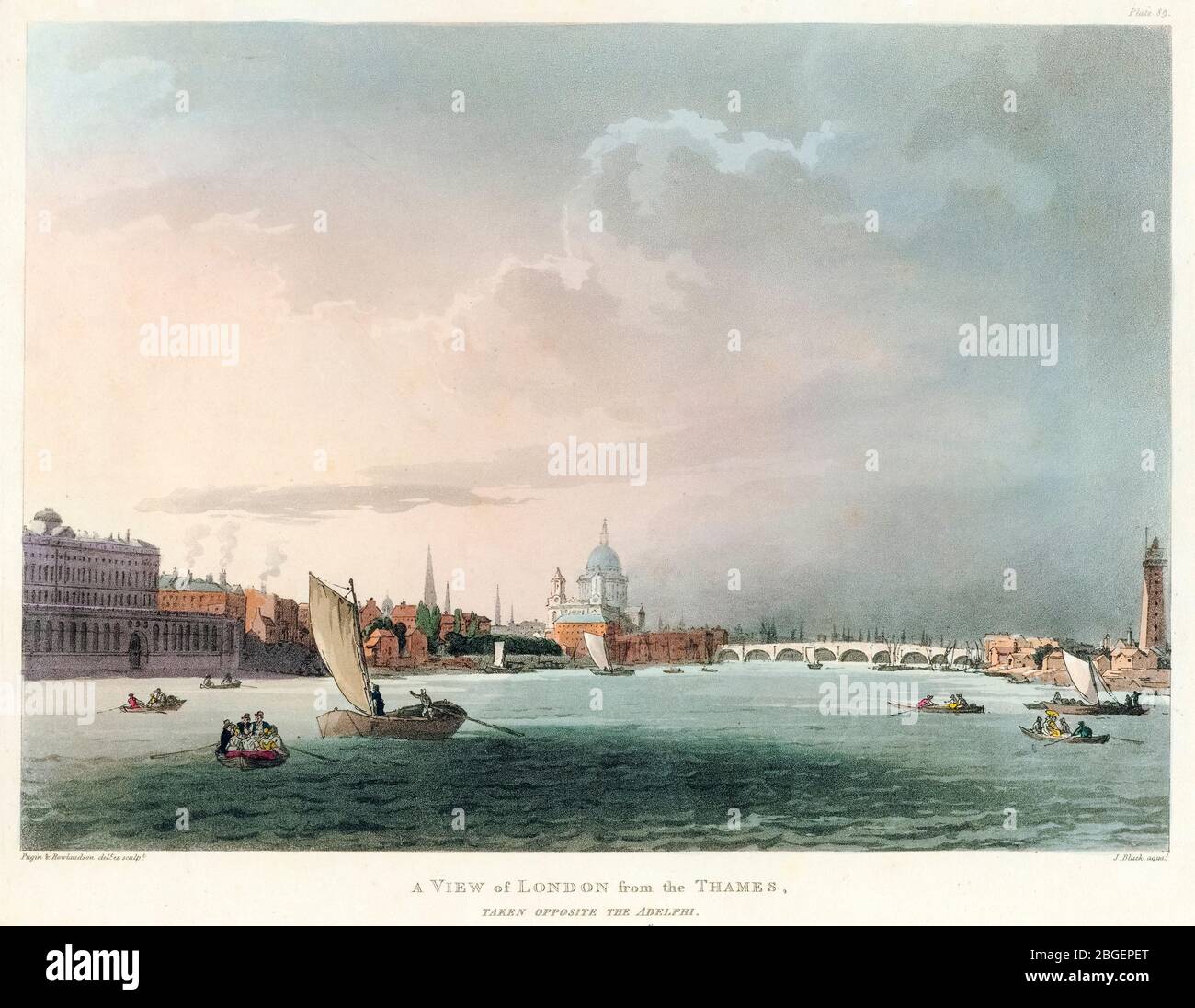 Ein Blick auf London von der Themse, Radierung von Thomas Rowlandson & Augustus Charles Pugin, 1808-1810 Stockfoto