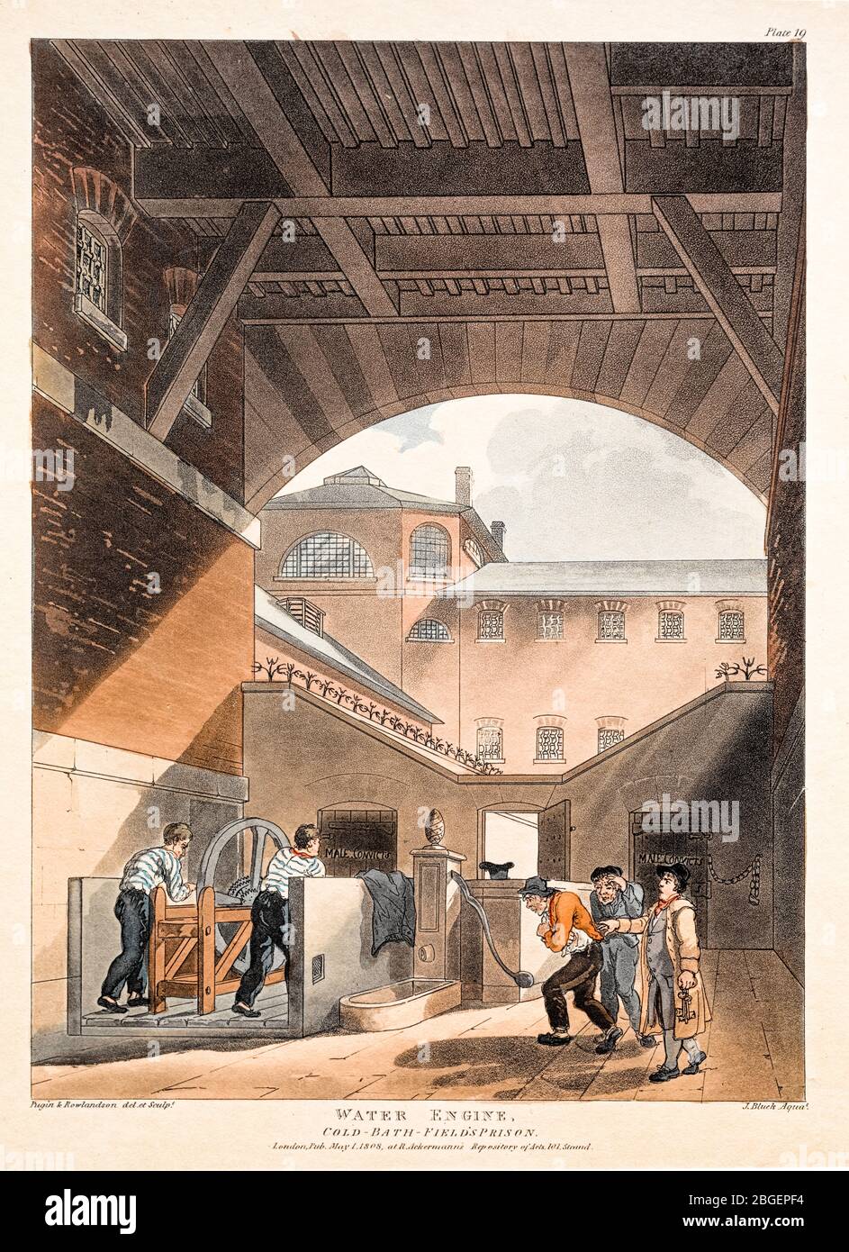 Thomas Rowlandson & Augustus Charles Pugin, Wassermaschine: Cold Bath Field's Prison, Radierung,1808 Stockfoto