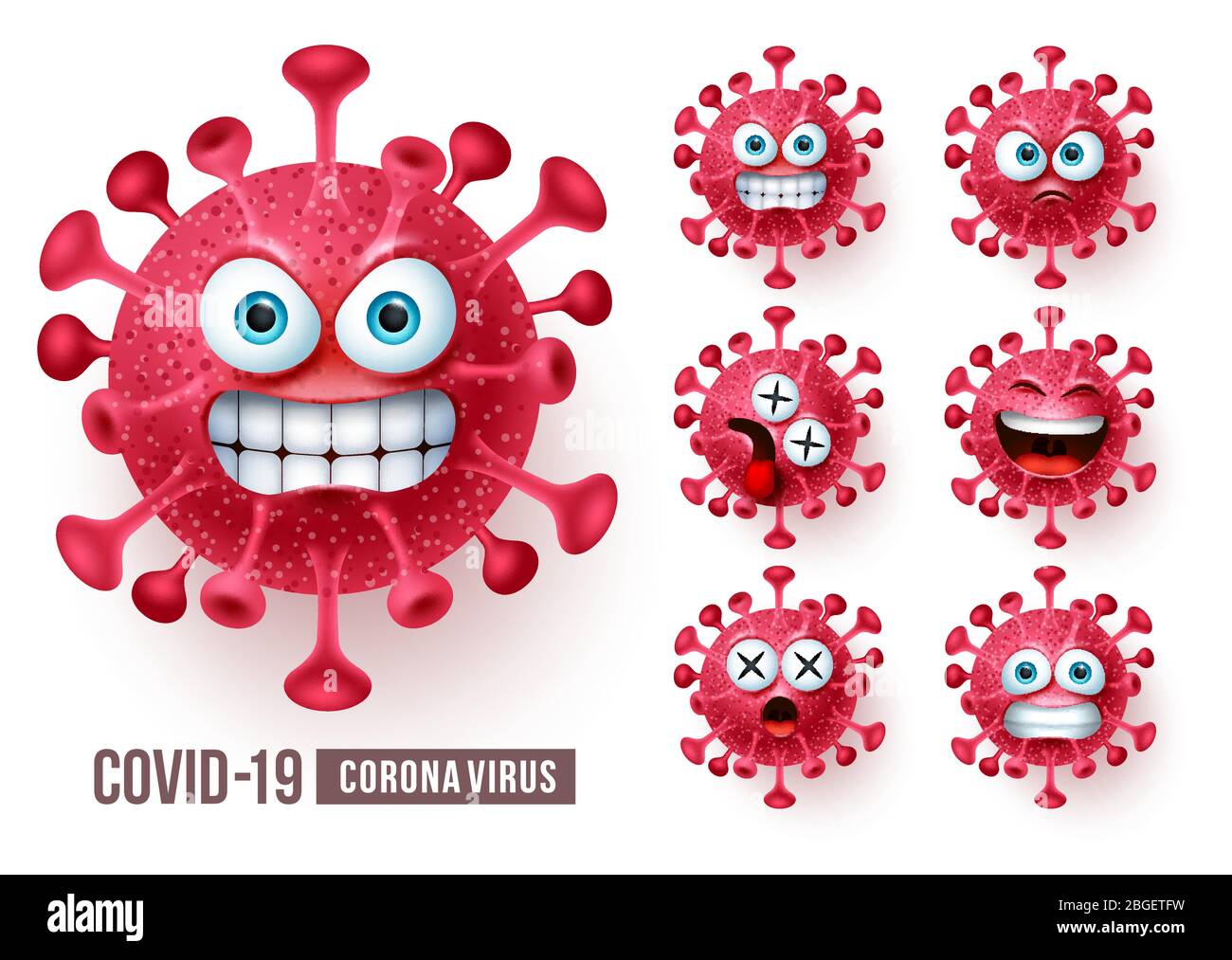 Vektorsatz für Corona-Virus-Emoticons. Covid19 Corona Virus Emoticons oder Emojis mit wütenden und gruseligen Gesichtsausdrücken in weißem Hintergrund. Stock Vektor