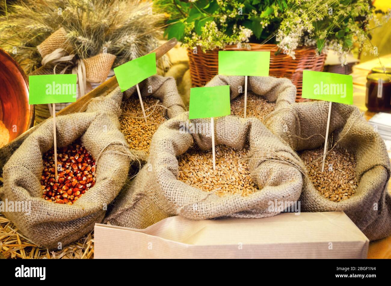 Bauernmarkt Stand mit verschiedenen Getreidearten: Mais, Weizen, Einkornweizen und Dinkel Stockfoto