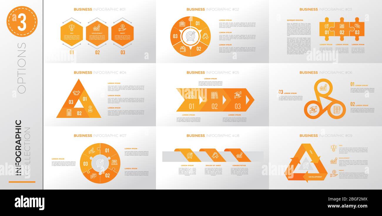 Infografik Business Template mit 3 Optionen. Gelbe Version. Stock Vektor
