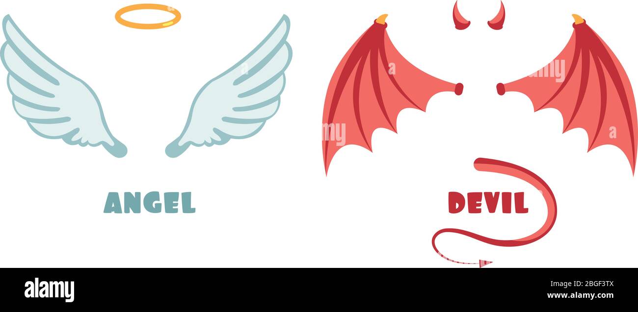 Niemand Engel und Teufel Anzug. Unschuldige und Unfug Vektor-Symbole. Engel und Dämon, Teufel satan Illustration Stock Vektor