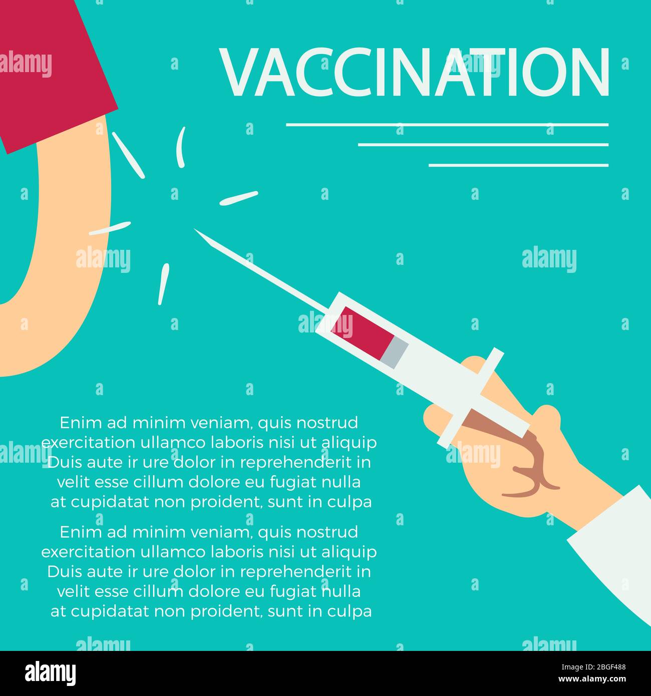 Impfkonzept Bannerplakat mit Spritze und menschlichem Arm. Vektorgrafik Stock Vektor