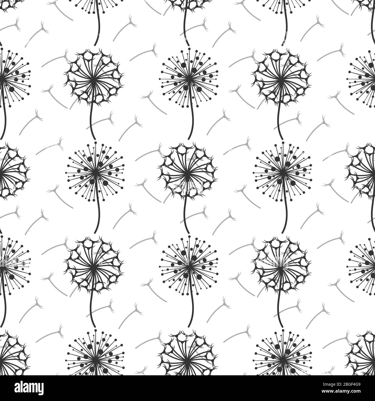 Monochrome Löwenzahn Blumen und Samen nahtlose Muster Hintergrund. Vektorgrafik Stock Vektor