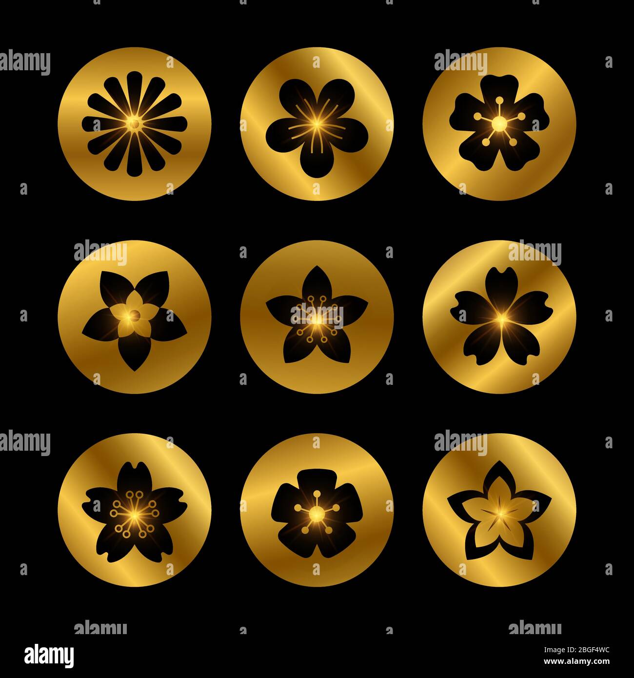Stilvolle goldene Ikonen mit glänzenden Blumen Silhouetten auf schwarz. Vektorgrafik Stock Vektor