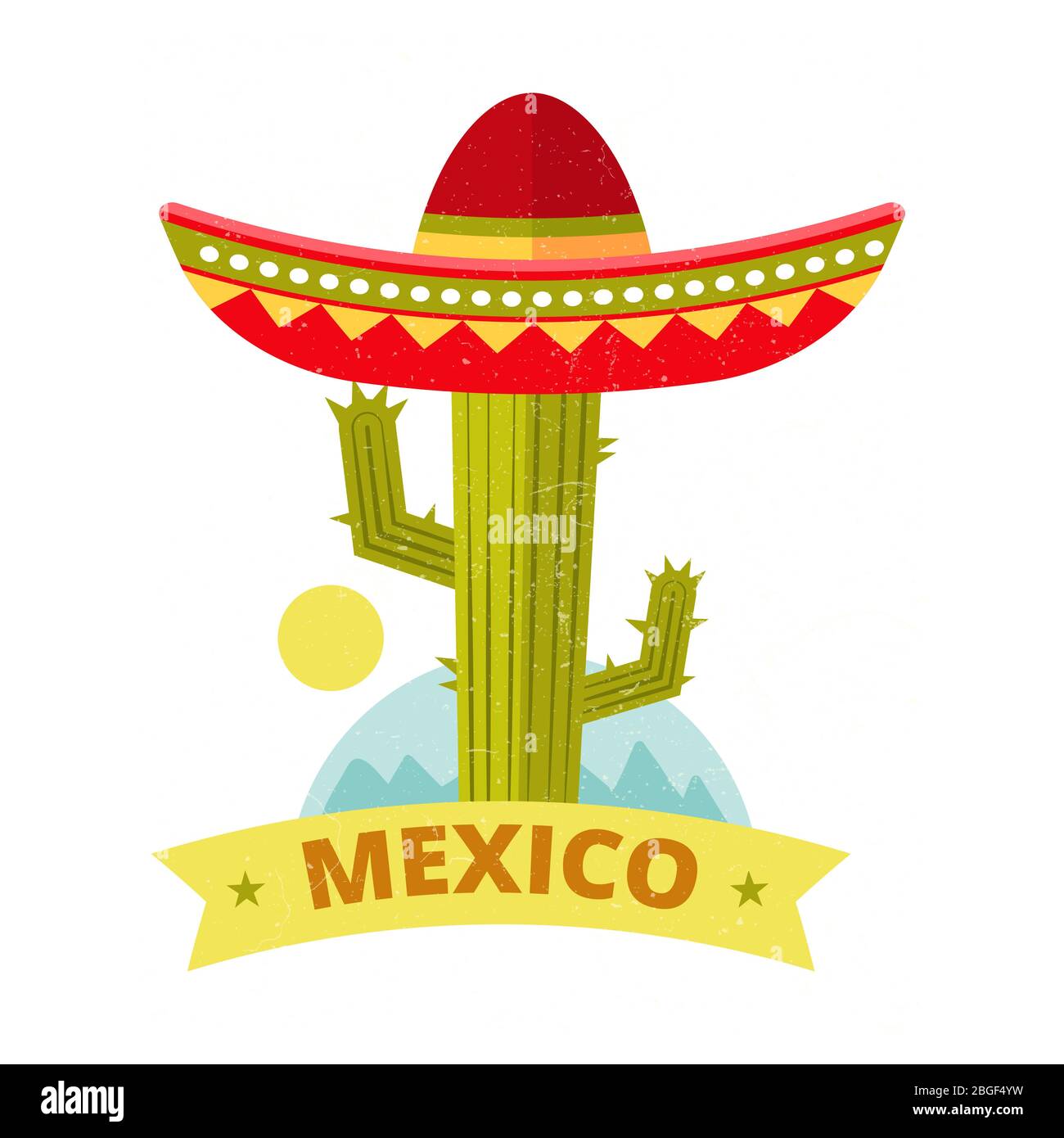 Helles grunge mexikanisches Logo oder Print Vektor - farbenfroher Sombrero und Kaktus Vintage Print. Illustration des Kaktus in Sombrero Stock Vektor