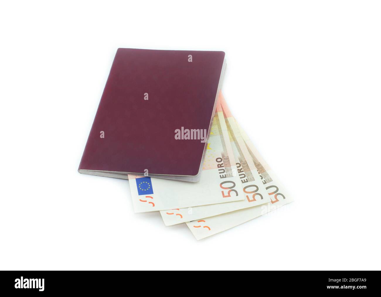 Euro im Pass. Geld im Pass auf weißem Hintergrund isoliert. Fotosammlung für Unternehmen. Stockfoto