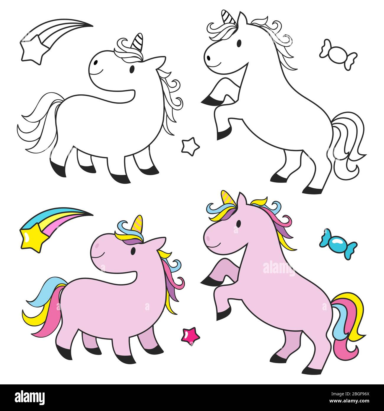 Niedliche Einhorn Set für Kinder zum ausmalen. Einhorn Fee, Magie glückliches Pferd, Vektor-Illustration Stock Vektor