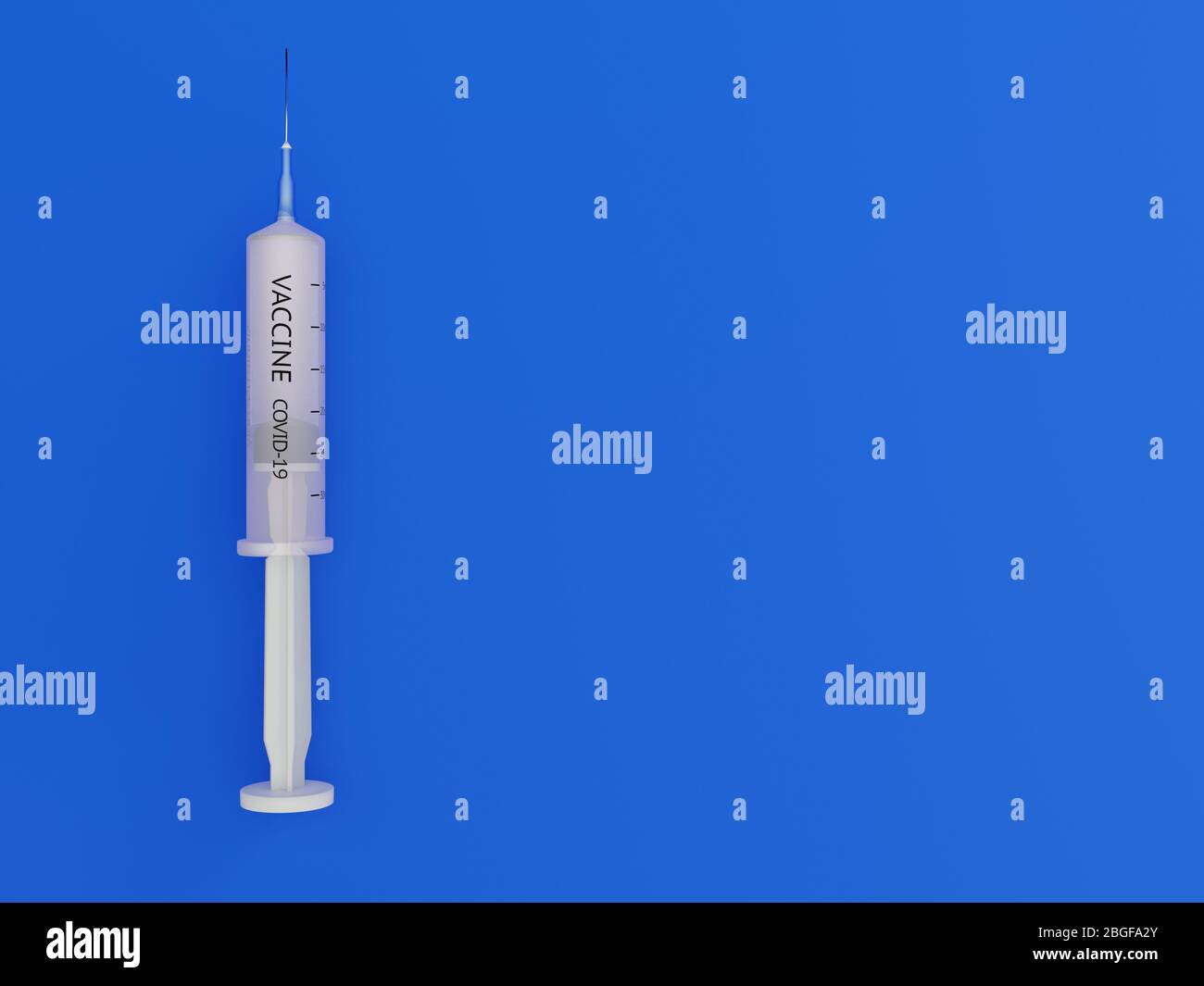 Spritze mit Impfstoff für Covid19 Corona Virus Prevention Ove eine intensive blaue Hintergrund - 3d-Rendering-Konzept gefüllt Stockfoto