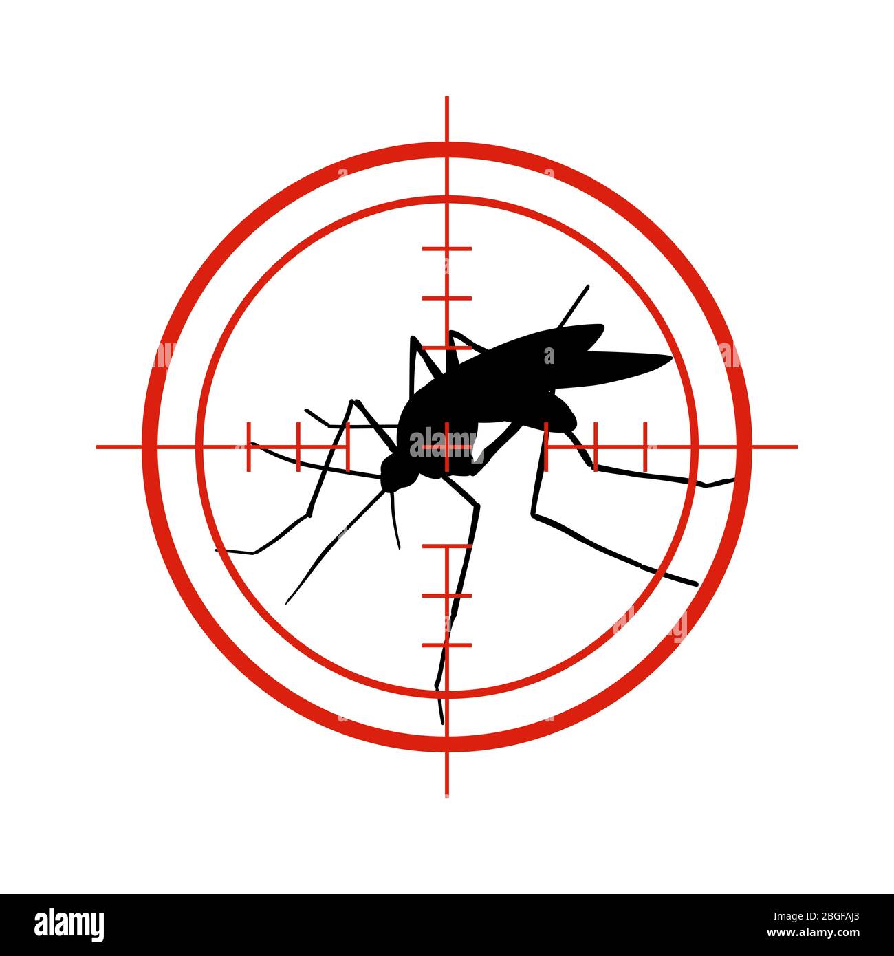 Mücke in rotem Ziel. Anti-Mücken, Dengue-Epidemie Insektenkontrolle Vektor-Symbol isoliert. Kontrolle Moskito Insekt, Warnung und Ziel Fokus Illustration Stock Vektor