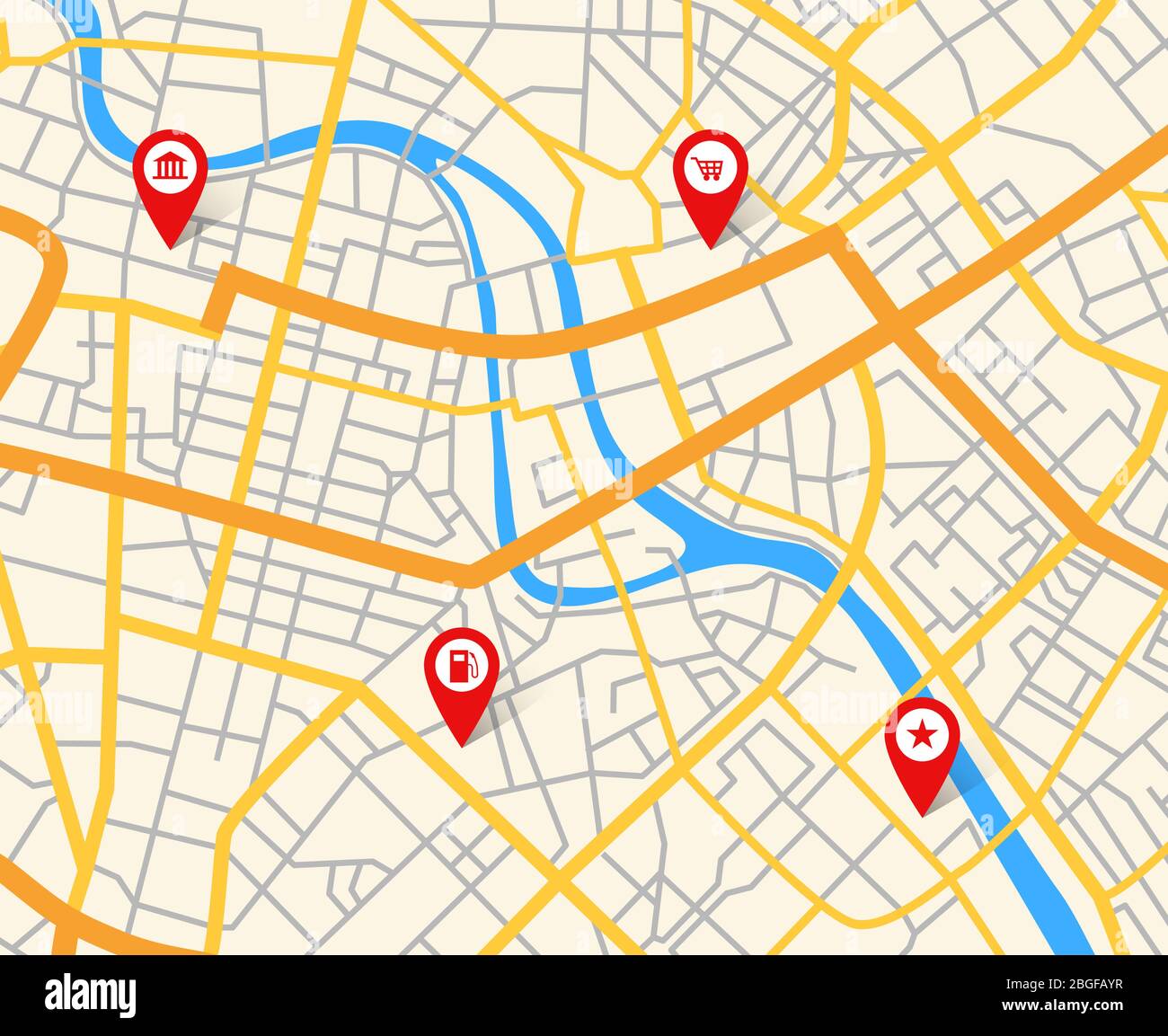 Navigation europäischer Stadtplan mit Pins. Abstraktes Kartenmuster. Straßenkartographie, Navigation gps mit Marker Pins Illustration Stock Vektor