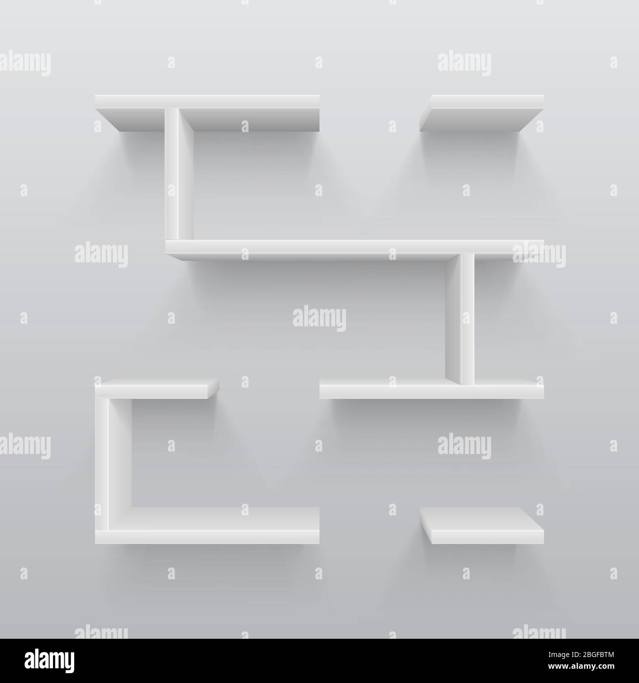 Weiße 3D-Kunststoffregale mit Lichtschatten an der Wand. Einfachheit in der Innenarchitektur Vektorgrafik. Bücherregal für Galerie, Innenmöbel für Wand Stock Vektor