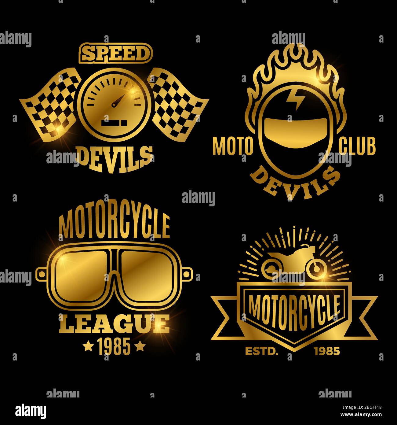 Glänzend goldenen Motorrad und Motorrad Sport Etiketten Vektor der Set-Illustration Stock Vektor