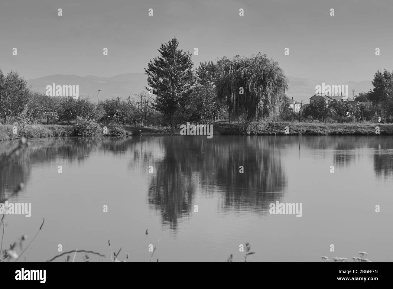 Landschaft mit See, Bäumen und blauem Himmel mit Wolken Stockfoto