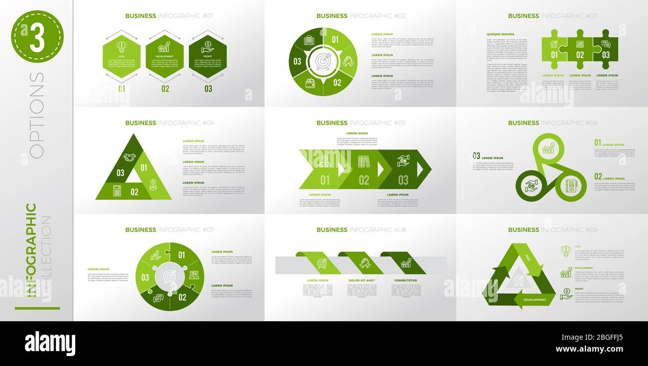 Infografik Business Template mit 3 Optionen. Version in grüner Farbe. Stock Vektor