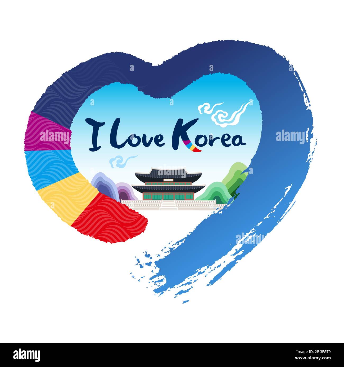 Ich liebe Korea, Kalligraphie. Koreanischer traditioneller Palast, Herz-Form-Pinsel, Emblem-Design Stock Vektor