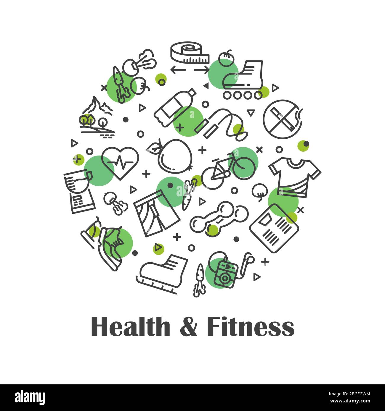 Gesundheit und Fitness, frische Lebensmittel Umriss Emblem Symbole Konzept Vektor Illustration Stock Vektor