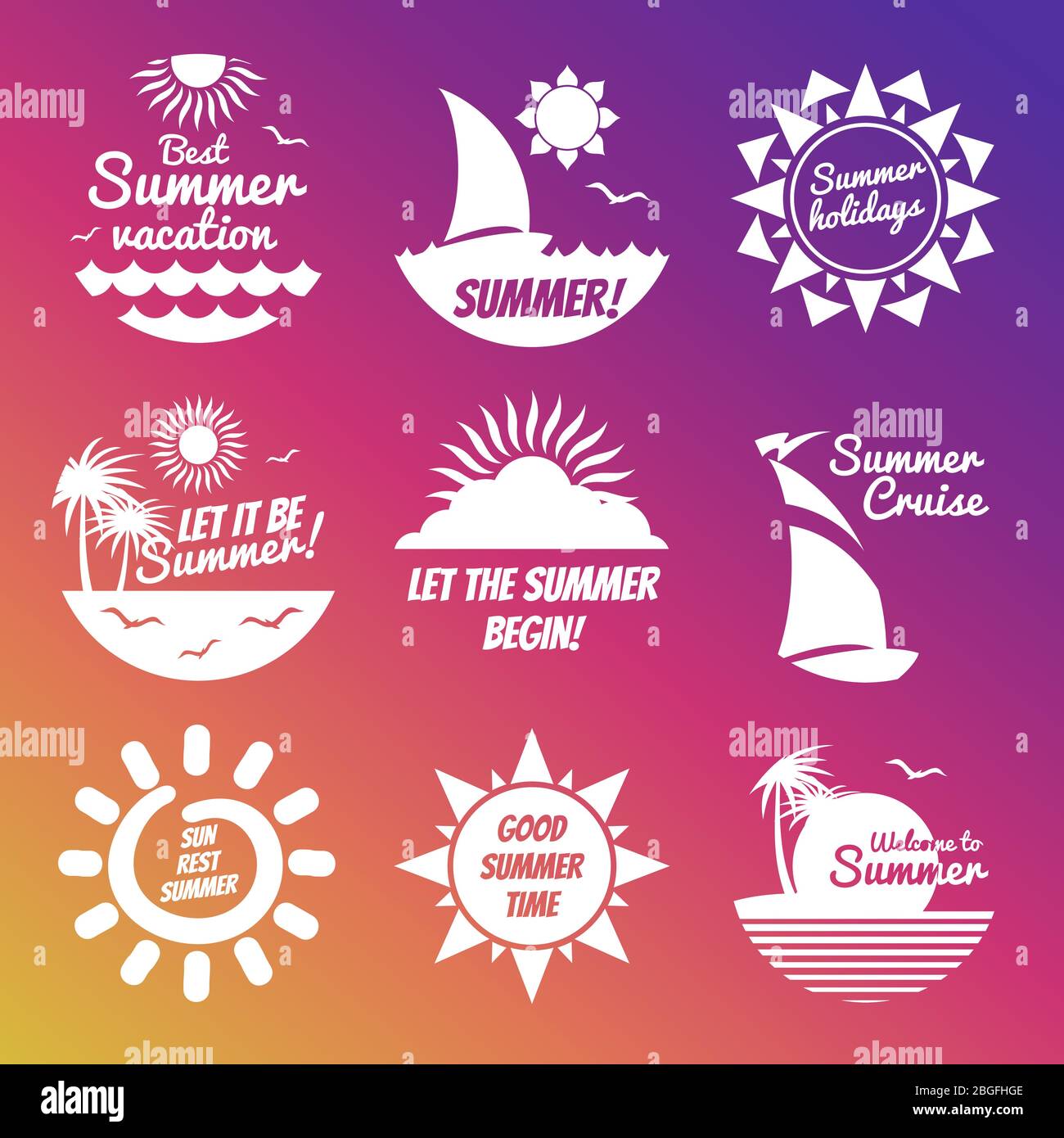 Weiße Sommerruhe Etiketten mit Sonne und Meer auf buntem Hintergrund. Vektorgrafik Stock Vektor