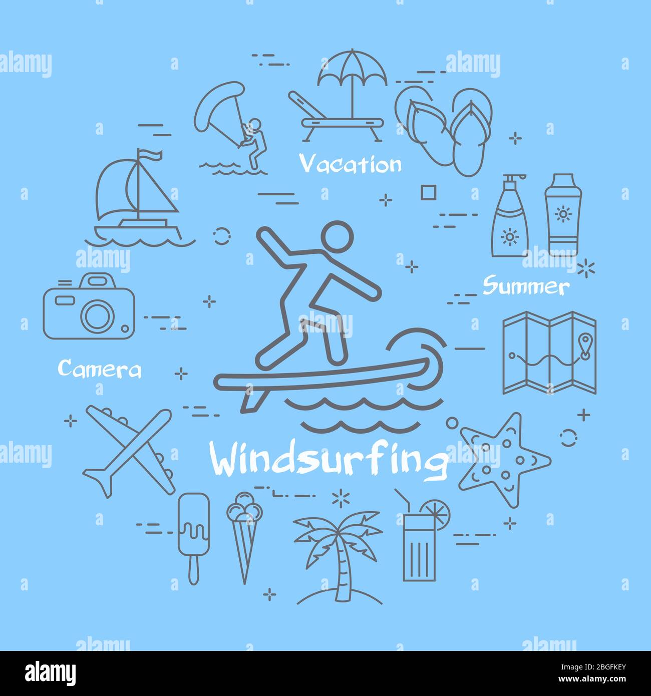 Vector linrar blau Konzept der Sommerzeit mit Windsurf-Symbol Stock Vektor