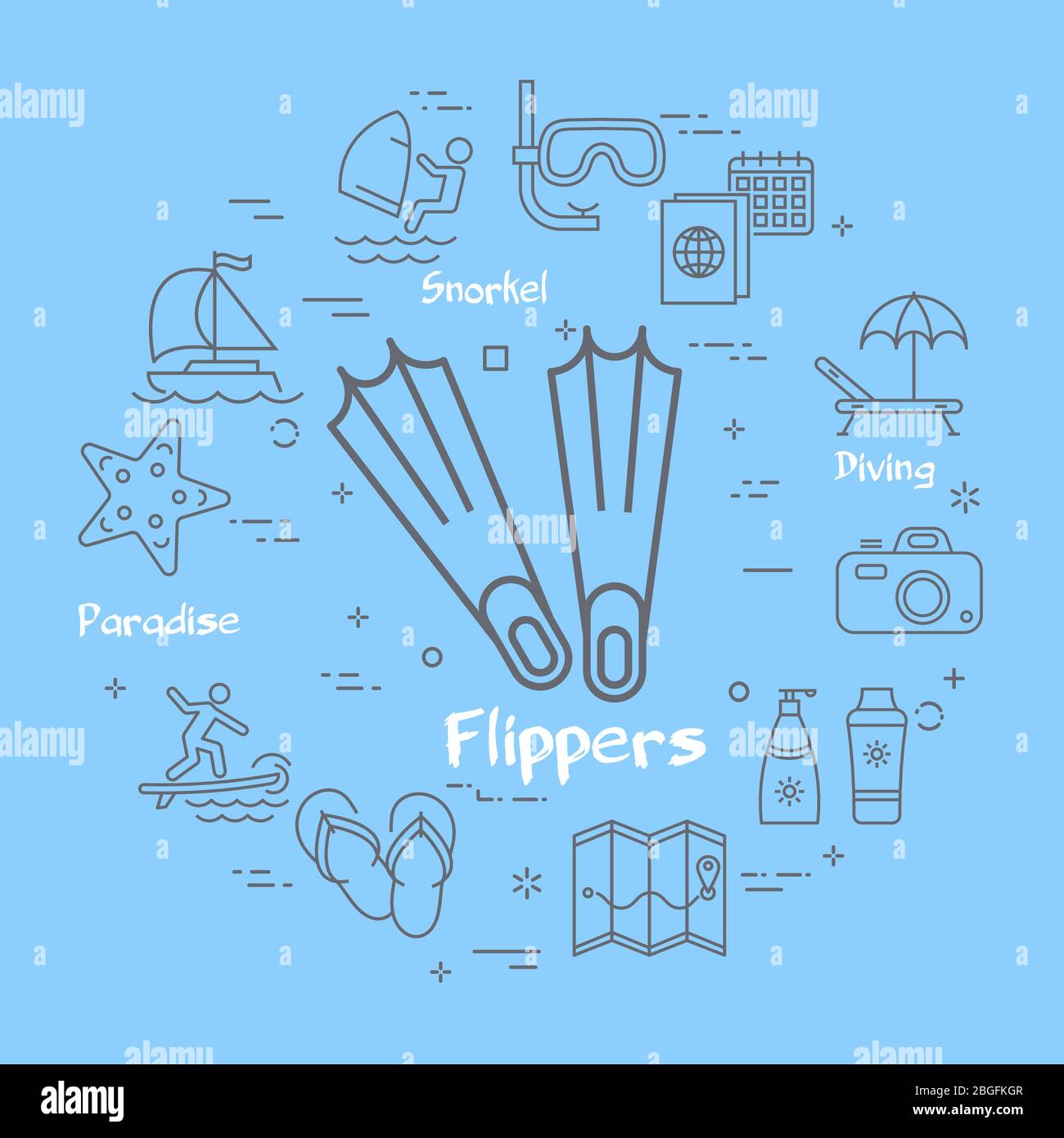 Vektor lineares Konzept der Sommerzeit mit Flippers Symbol Stock Vektor