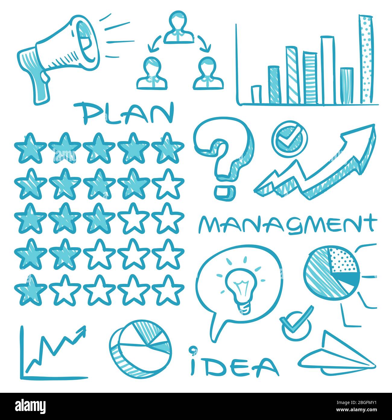 Doodle Rating Sterne, Wachstumsdiagramme und Business-Diagramme Vektor handgezeichneten Satz. Diagramm und Diagramm, Erfolgsbeurteilung, Skizzendarstellung Stock Vektor