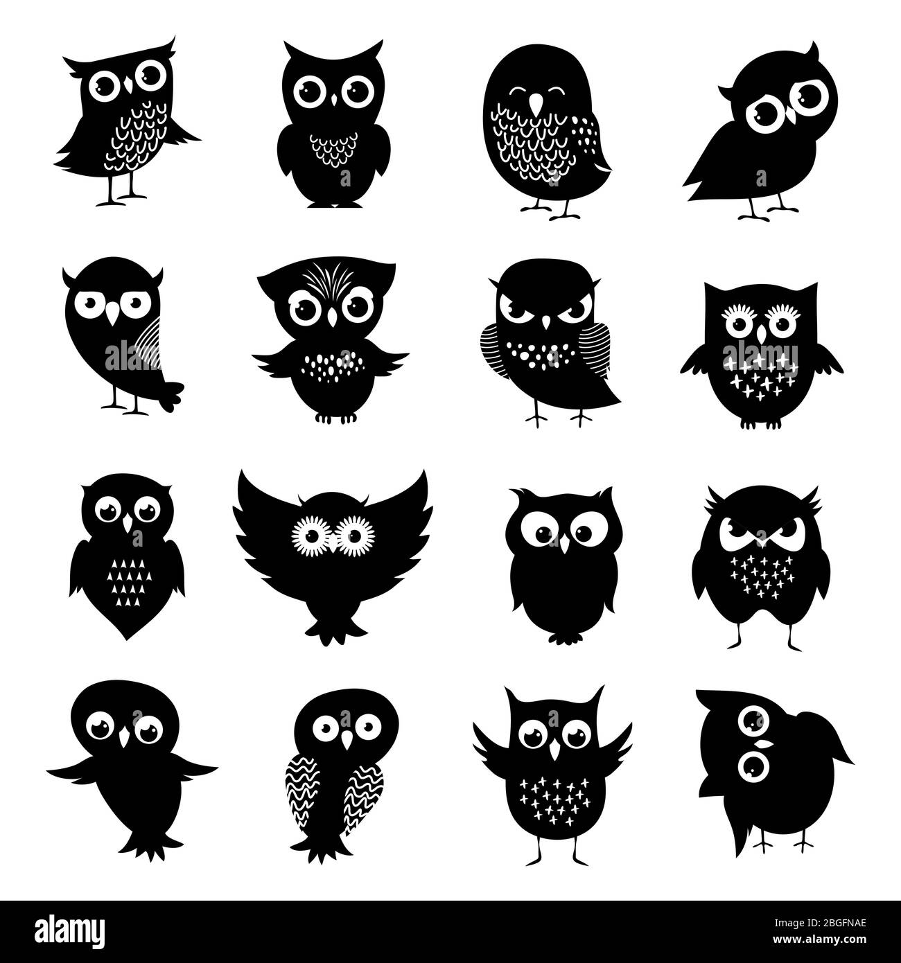 Schwarze und weiße Eule Silhouetten Set. Eule Vogel Tier, schwarz weiß Eule Illustration Stock Vektor