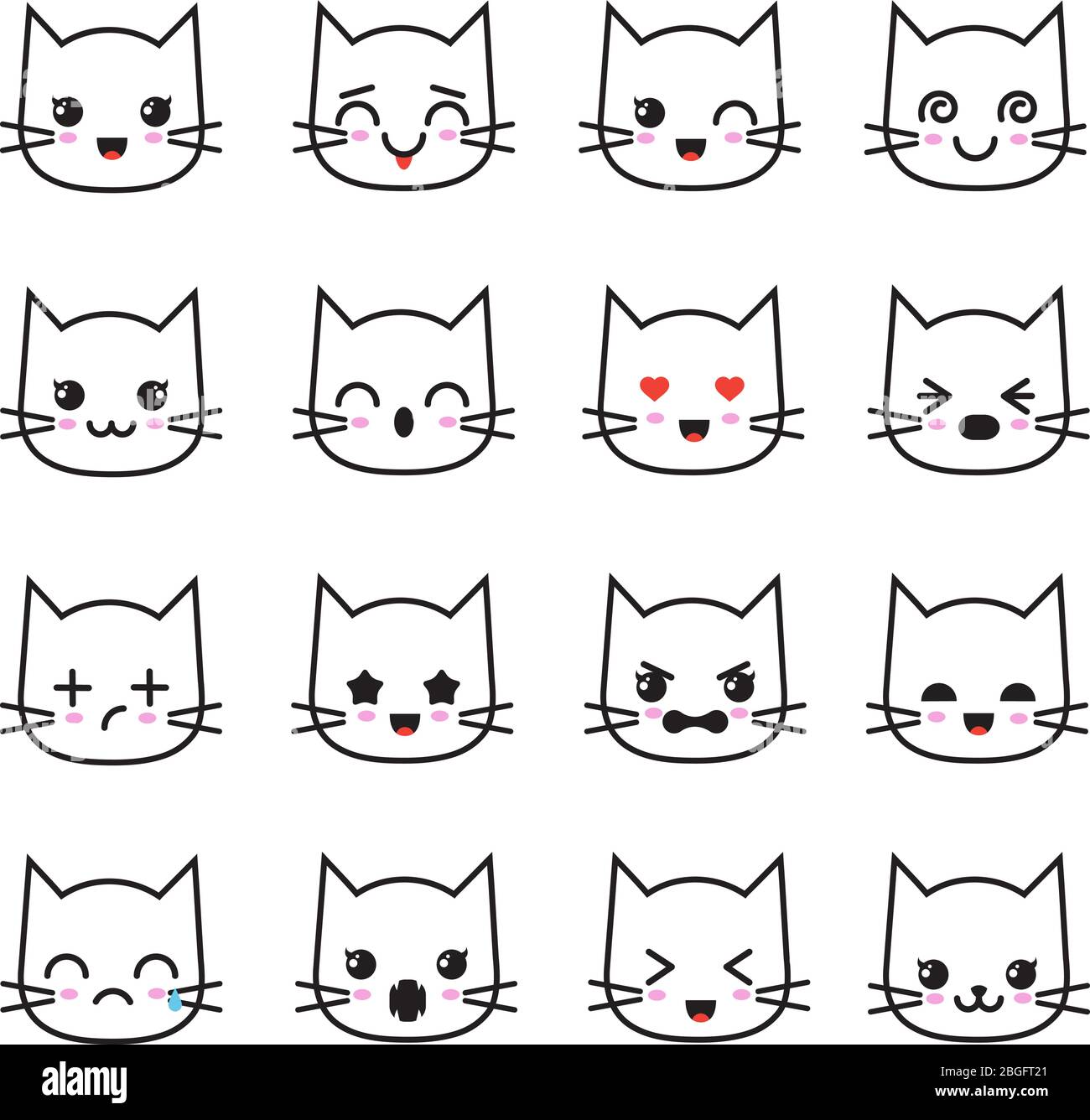 Niedliche Kätzchen kawaii Emoticon Kollektion. Lustige weiße Katze Emoji Vektor Avatare. Charakter Cartoon Katze Gesicht, kawaii Avatar Emoticon Illustration Stock Vektor