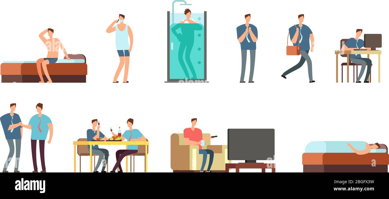 Der Mensch im Alltag. Menschen tägliche Routine Vektor Cartoon Geschäftsmann Zeichen gesetzt. Arbeit Charakter Alltag, Menschenleben und Business Illustration Stock Vektor