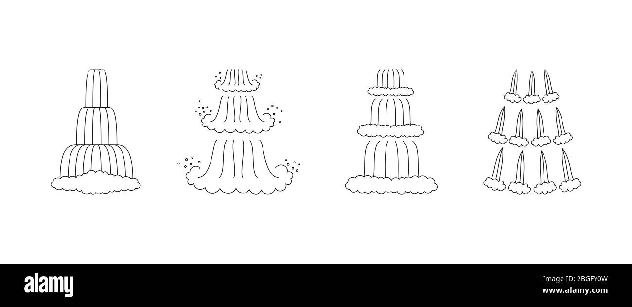 Wasserfall-Kaskade gesetzt. Umrisssymbole auf weißem Hintergrund isoliert. Vektorgrafik. Stock Vektor