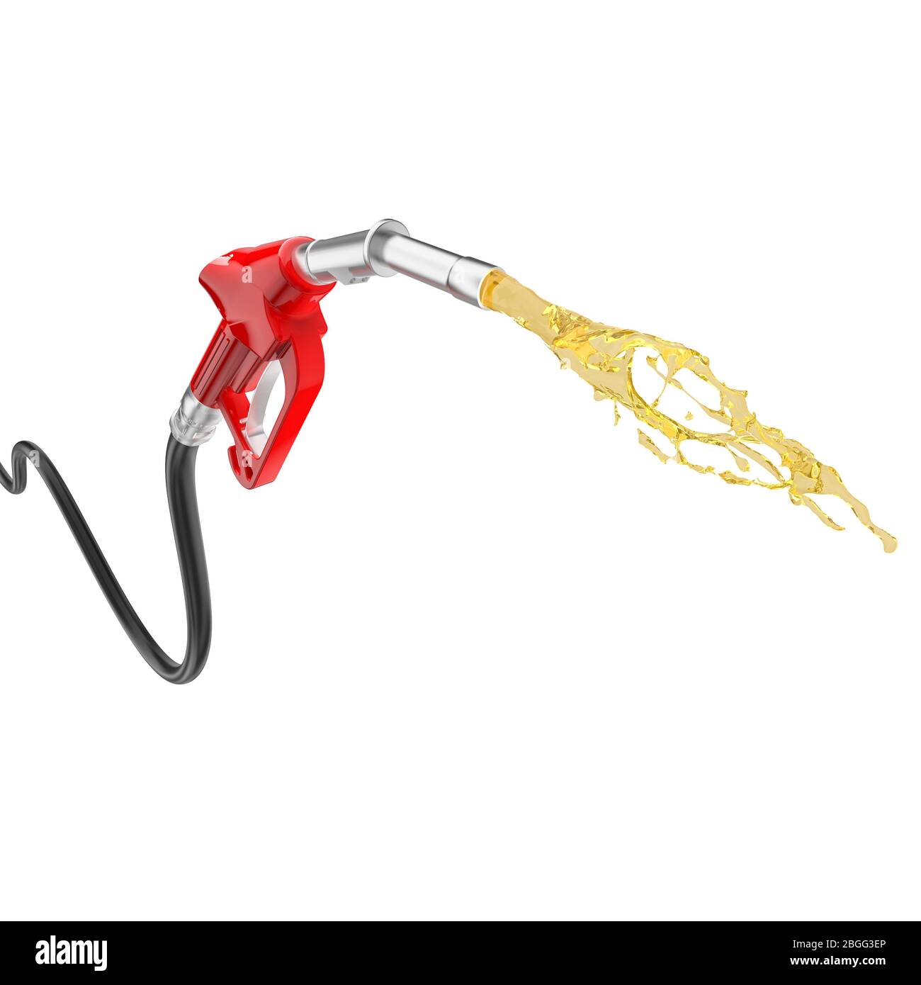 Rote Benzinpumpe, aus der Kraftstoff aukommt. Isoliert auf weiß. Niemand da. 3d-Rendering. Fossile Brennstoffe Konzept. Stockfoto