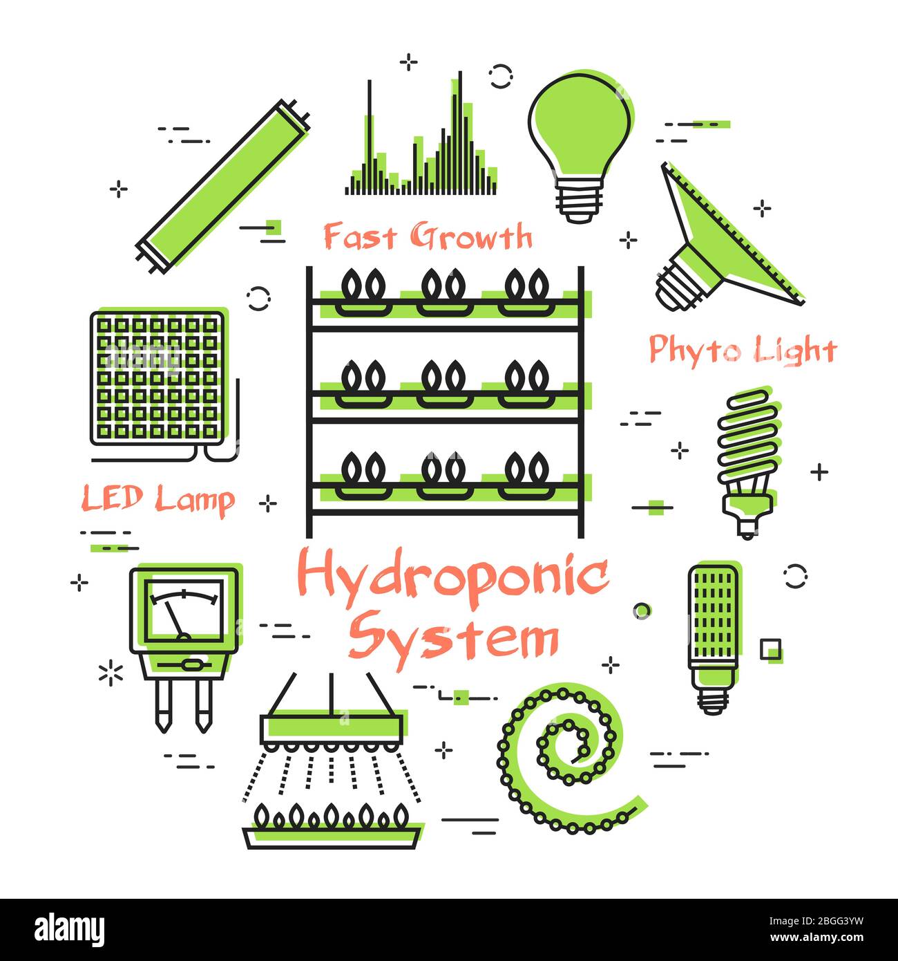 Vektor-Konzept der hydroponischen und Wachstum führte Licht - hydroponischen System Stock Vektor