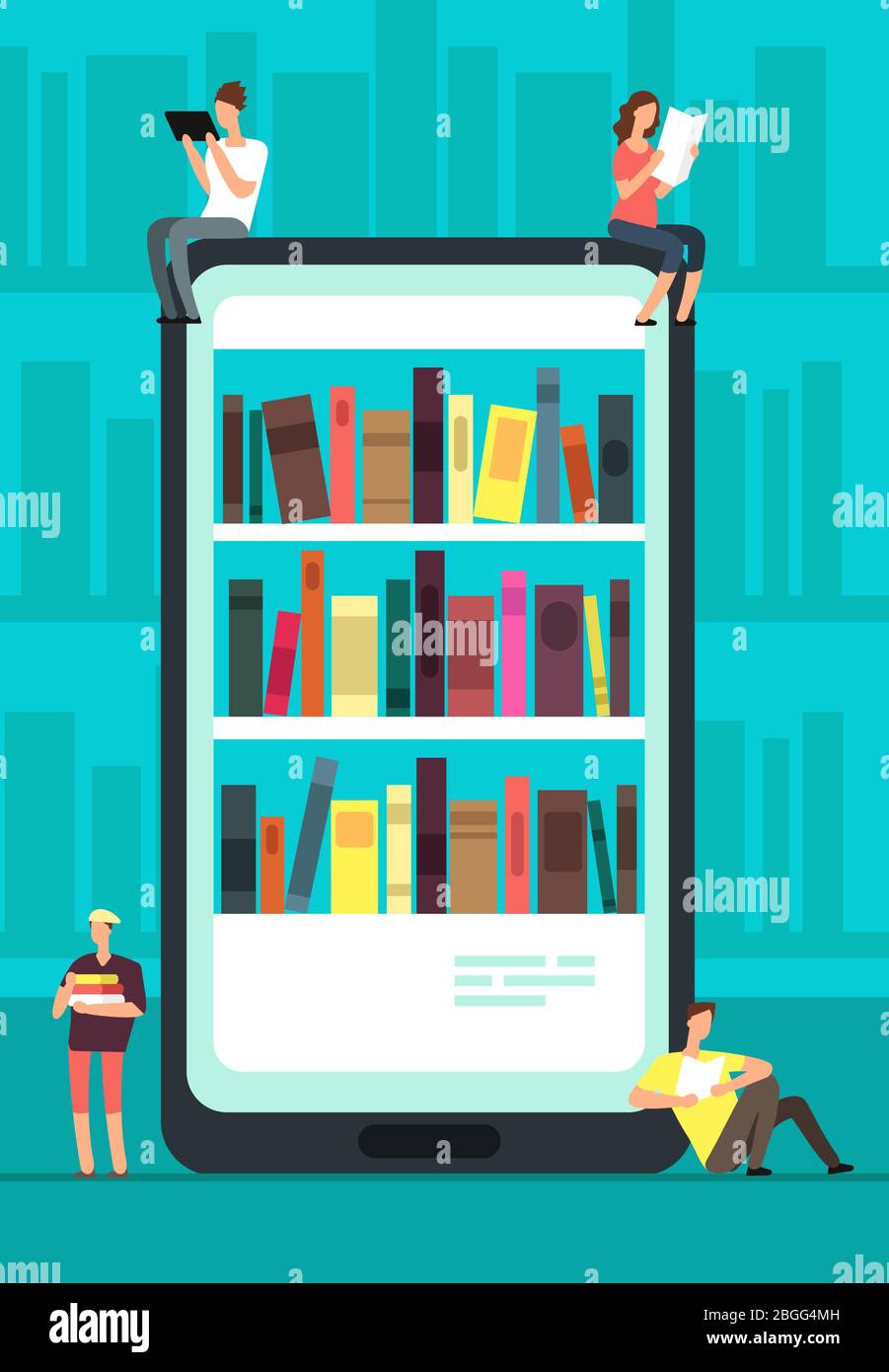 Smartphone mit Reader-App und Lesesektüre von Büchern. Online-Buchhandlung, Bibliothek und Bildung Vektor-Konzept. Abbildung des Regalbuchs mit telefonischer Literatur Stock Vektor
