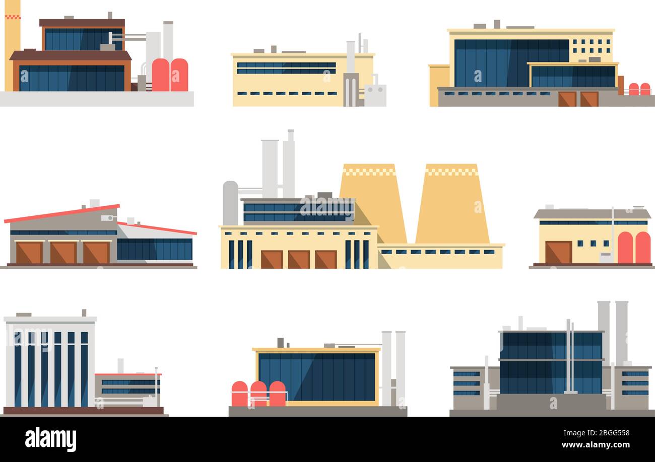 Industrieanlagen, Kraftwerks- und Lagergebäude. Industrielle Konstruktion Vektor flache Symbole. Darstellung von Werk- und Anlagenbau, Lager- und Raffineriegebäude Stock Vektor