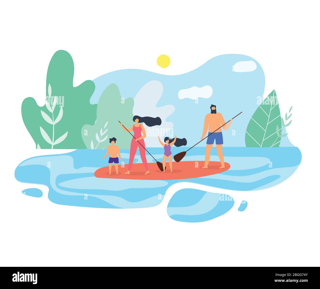 Vektor flache Illustration Familienurlaub am See. Mama und Papa mit Kindern auf dem Kanu auf dem Wasser schwimmend. Blue Sky Green Trees Eltern mit Ruder Wochenende Stock Vektor