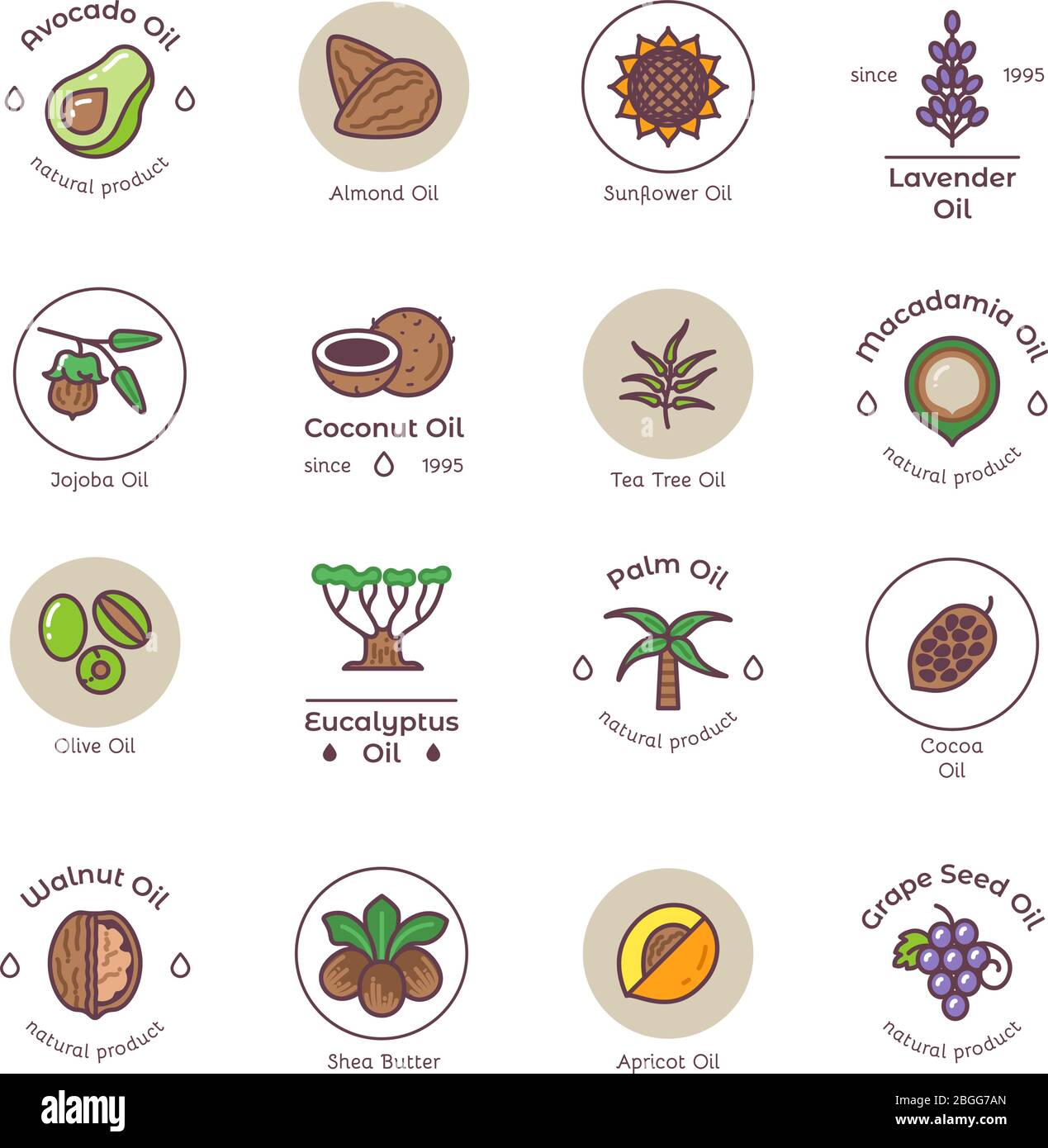 Gesunde Bio Kosmetik Öl lineare Vektor-Logos. Avocado- und Mandelöl, Sonnenblumenkerne und Lavendel-Illustration Stock Vektor