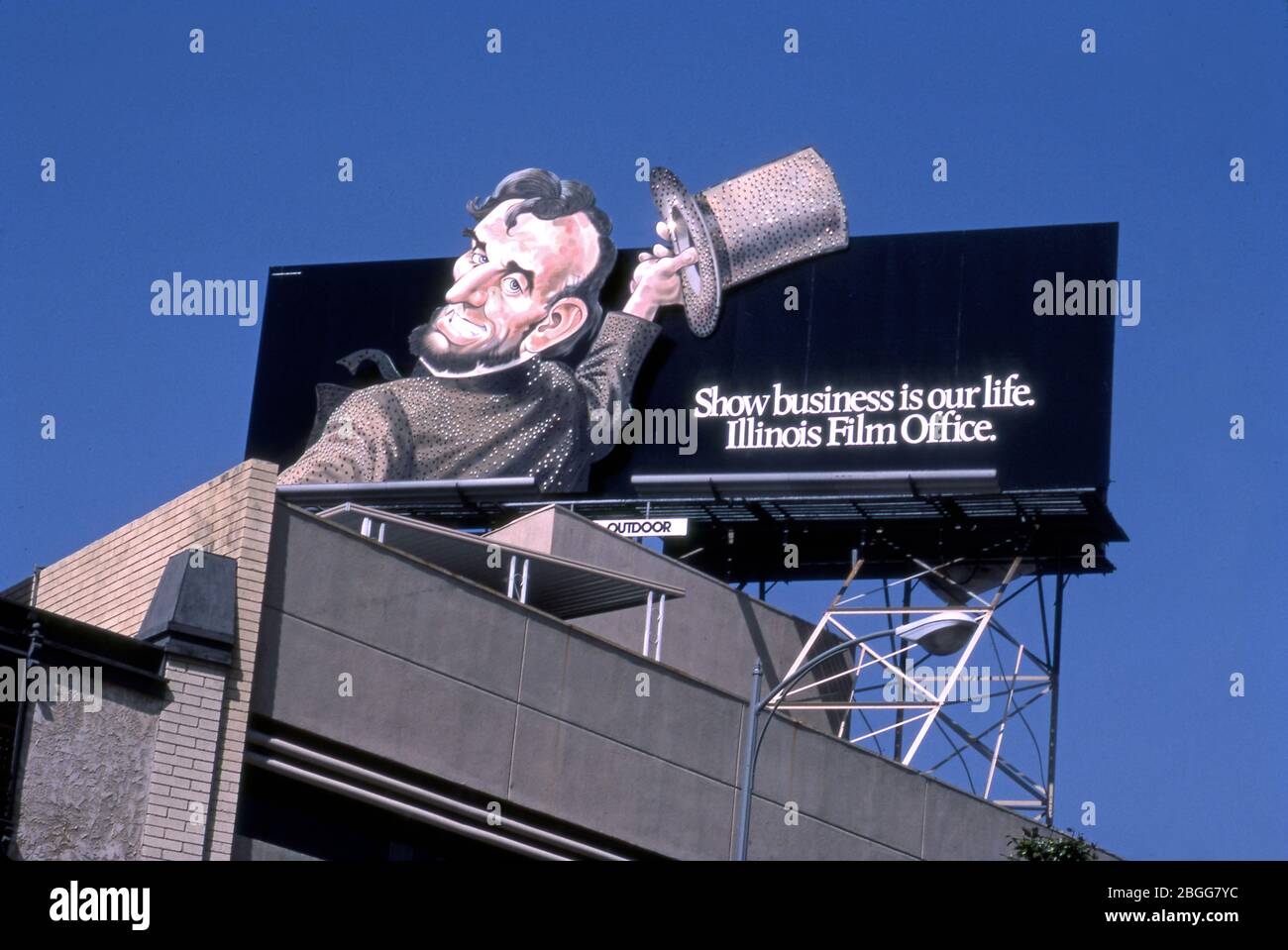 Plakatwand mit Abes Lincoln in Los Angeles, CA Förderung Show Business Chancen in Illinois. Stockfoto