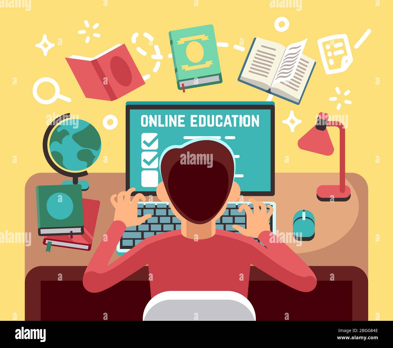 Schüler oder Schüler, die am Computer studieren. Online Unterricht und Bildung Vektor Konzept. Student am Computer, Schüler Online-Bildung Illustration Stock Vektor