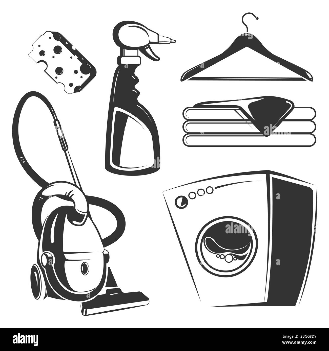 Reinigung, Waschen, Hausarbeit Objekte isoliert auf weißem Hintergrund. Vektorgrafik Stock Vektor