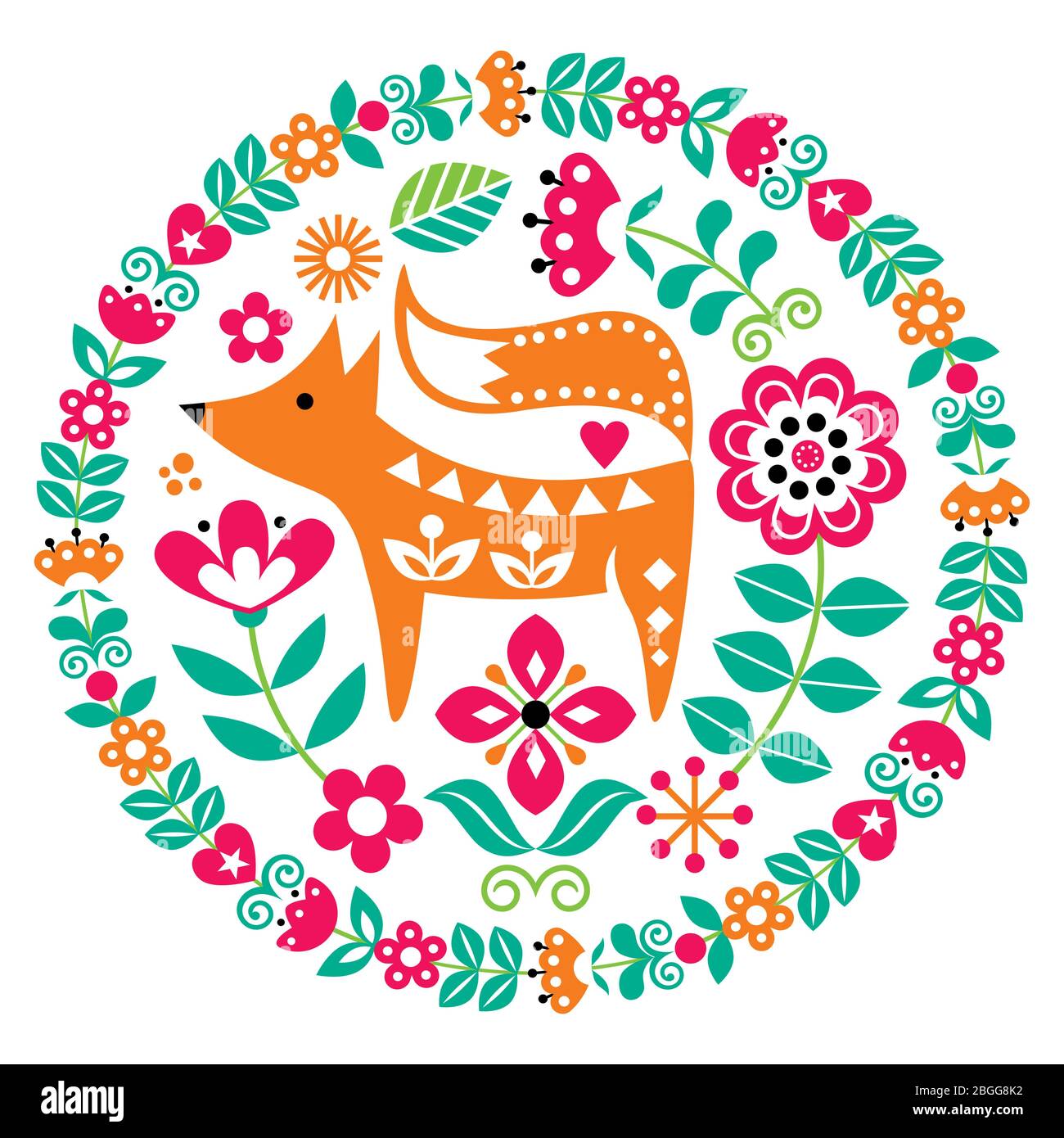 Skandinavische niedliche Volkskunst Vektor rundes Muster mit Blumen und Fuchs, florale Grußkarte oder Einladung inspiriert von traditionellen Stickereien von Schweden Stock Vektor