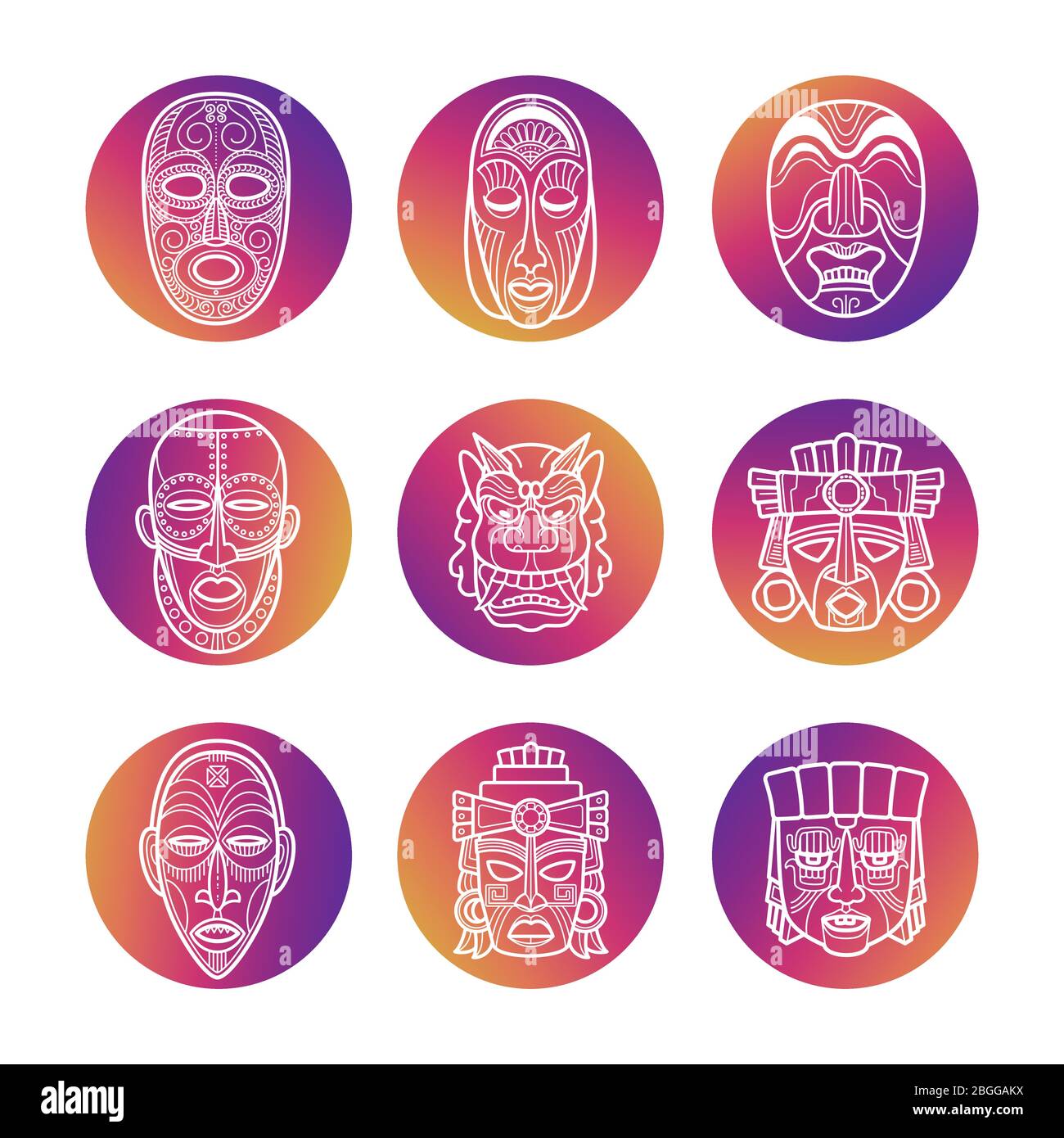 Helle Ikonen mit weißen afrikanischen Tribal Vodoo Masken des Sets. Vektorgrafik Stock Vektor