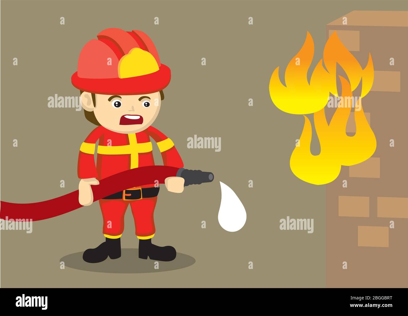 Niedliche Vektor-Cartoon-Illustration eines getrauerten Feuerwehrmann in roter Uniform hält einen tropfenden Wasserschlauch vor einem Backsteinhaus in Brand. Stock Vektor