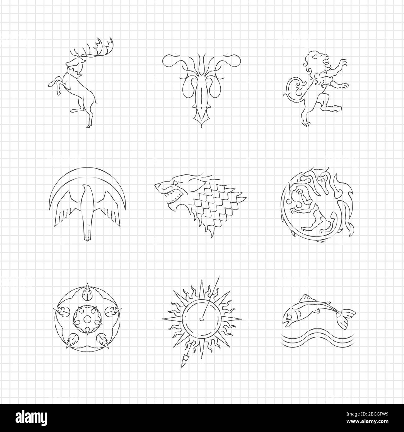 Bleistift Zeichnung Linie heraldischen Tiere Gaming-Throne Symbole. Vektorgrafik Stock Vektor