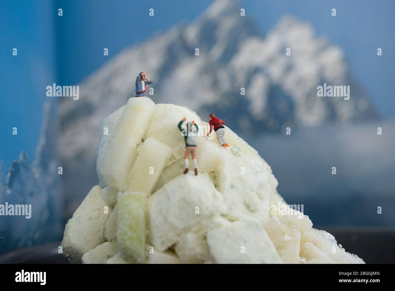 Kleine Bergsteiger klettern einen Gipfel aus gefrorenem Kohl Stockfoto