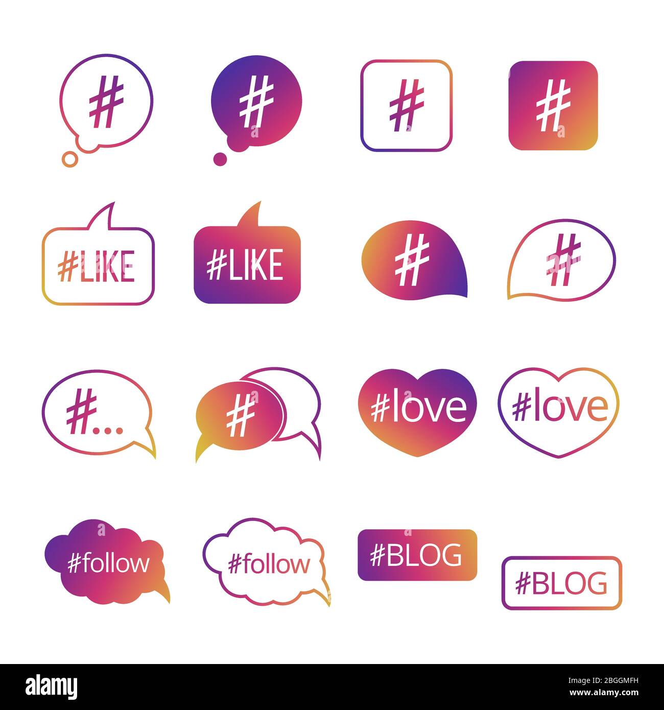 Bunte Hashtag Post Social Media Vektor-Icons isoliert auf weißem Hintergrund Illustration Stock Vektor