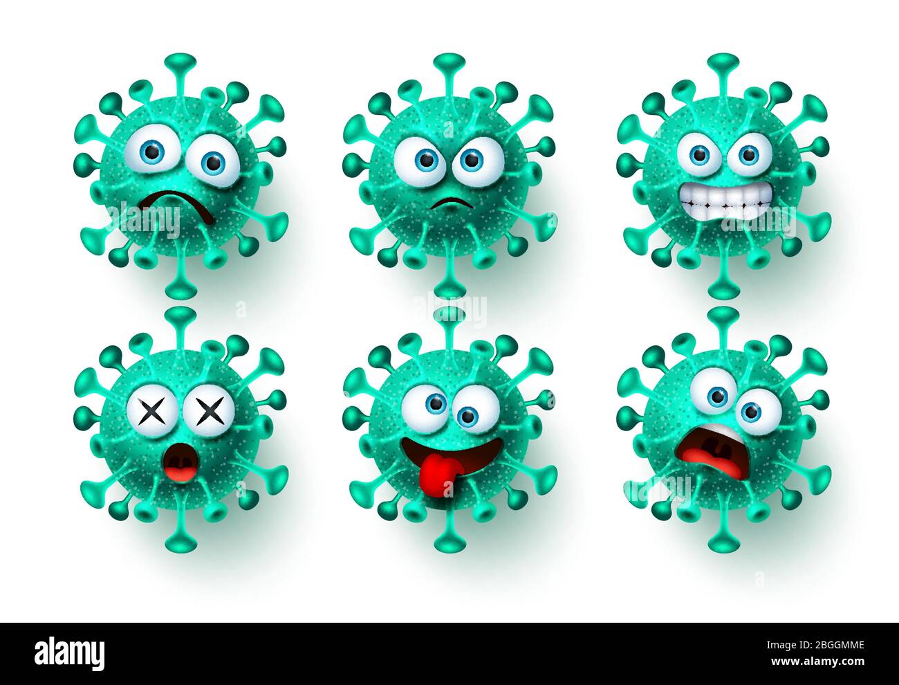 Corona Virus Symbol Vektor gesetzt. NCoV covid19 Corona Virus Emoticon und Emoji mit gruseligen und wütenden Gesichtsausdrücken für globale Pandemie. Stock Vektor