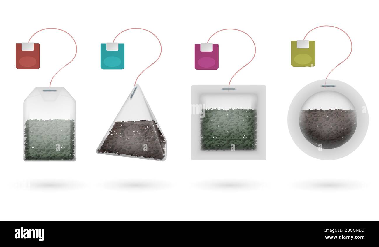 Teebeutel mit schwarzen und grünen Brautee isoliert Vektor. Teebag-Set mit Etikett, Illustration für Heißgetränk Stock Vektor
