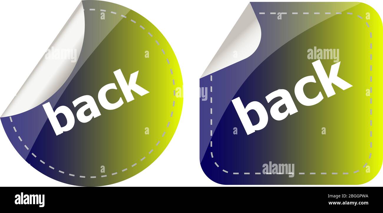 Wort auf Aufkleber Schaltflächenset zurück, beschriften Stockfoto